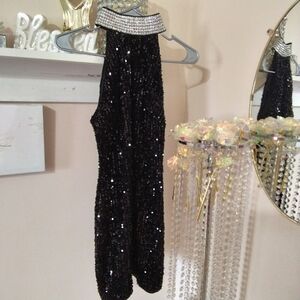 Forever 21 Black Sequin Halter Dress with Crystal Collar